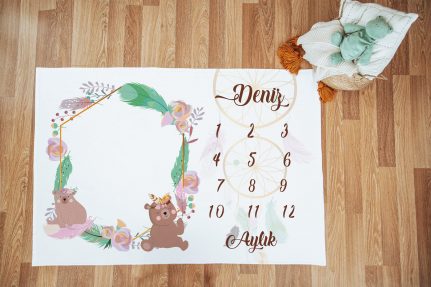 Boho Bear Tasarımlı Bebek Aylık Anı Örtüsü