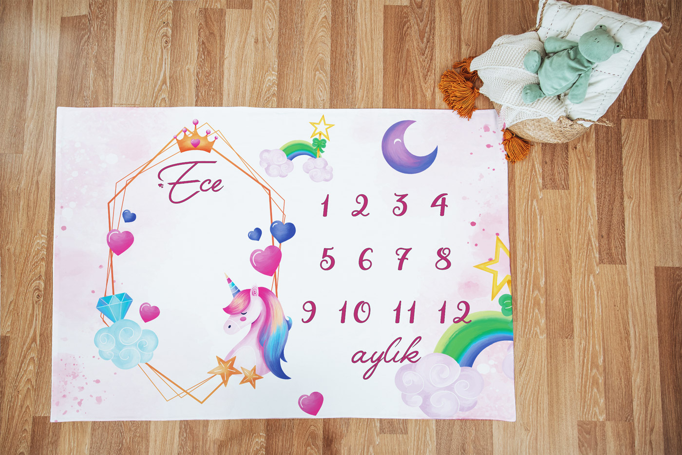 Princess Unicorn Temalı Bebek Aylık Anı Örtüsü