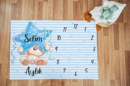 Mavi Yıldız ve Ayı Temalı Bebek Aylık Anı Örtüsü