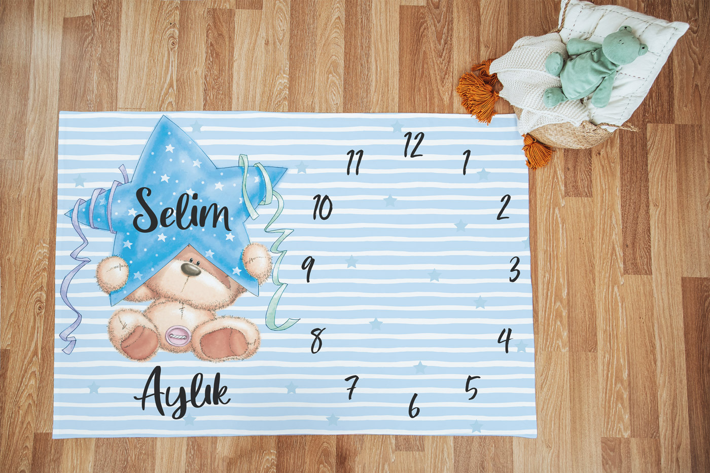Mavi Yıldız ve Ayı Temalı Bebek Aylık Anı Örtüsü