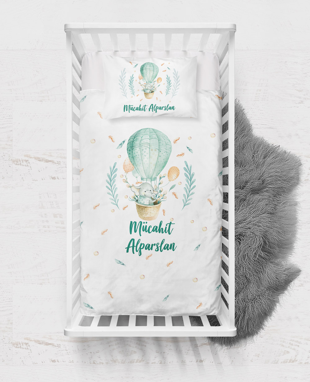 Fil ve Balon Yeşil Tasarımlı Nevresim