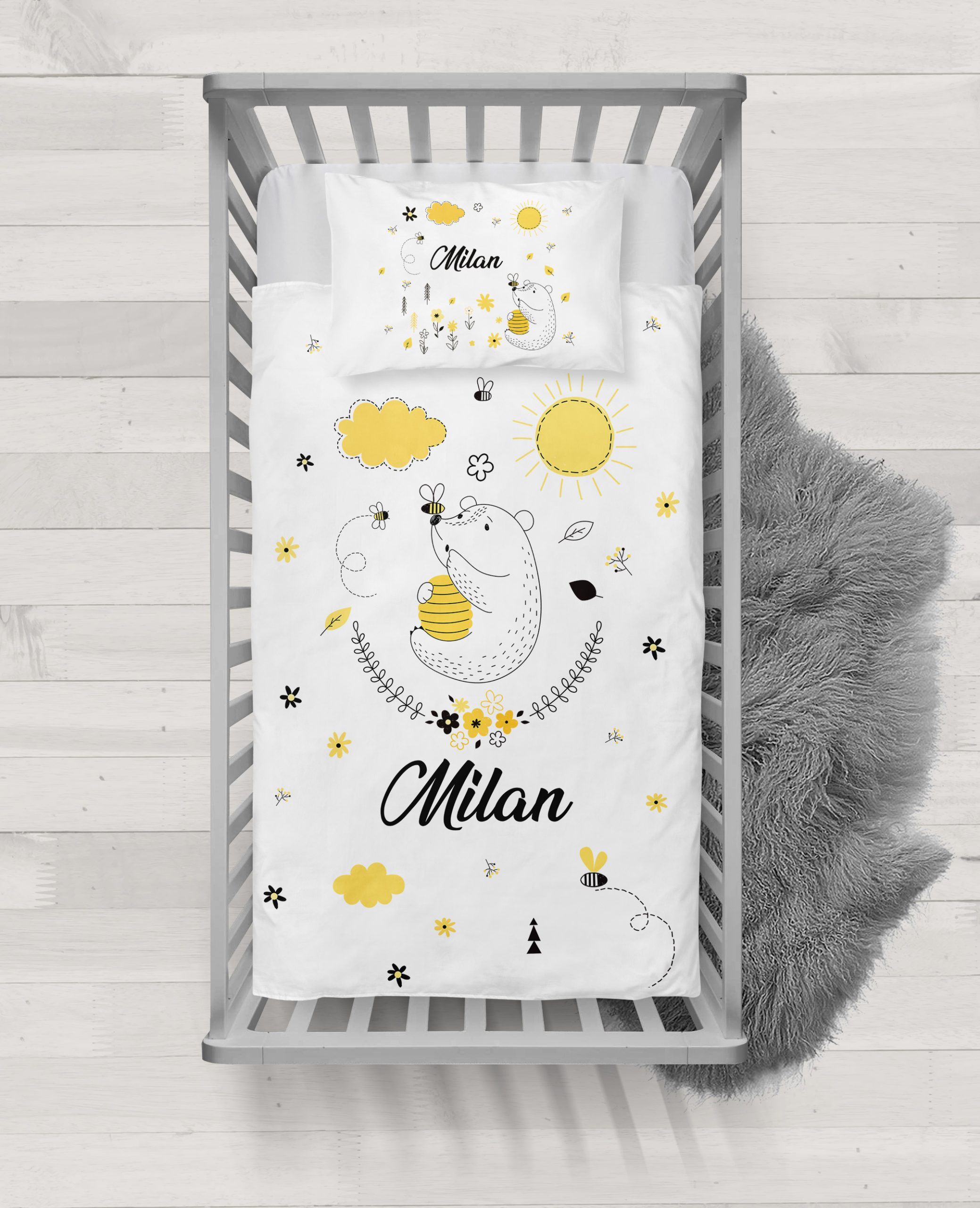 Bee and Bear Tasarımlı İsme Özel Bebek Nevresim Takımı