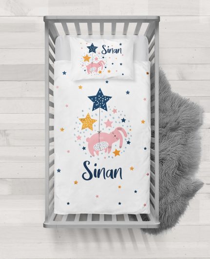 Yıldız Balonlu Tavşan Tasarımlı İsme Özel Bebek Nevresim